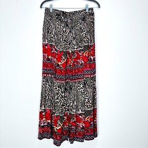 Vintage Across Leopard Zebra Floral Print Button Front Pull On Maxi Skirt OSFM